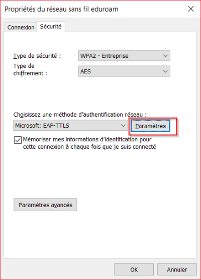 EAP-TTLS paramètres