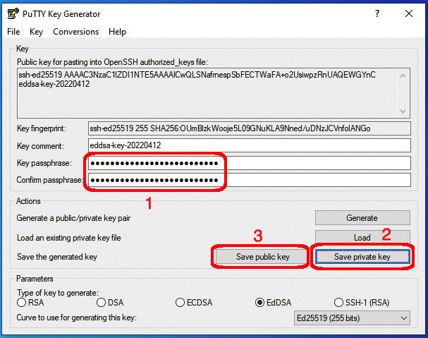 PuTTYgen - passphrase